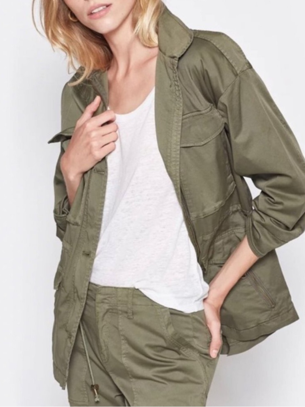 Joie Military Green Utility Jacket XS EUC with Buttons and Packable Hood
